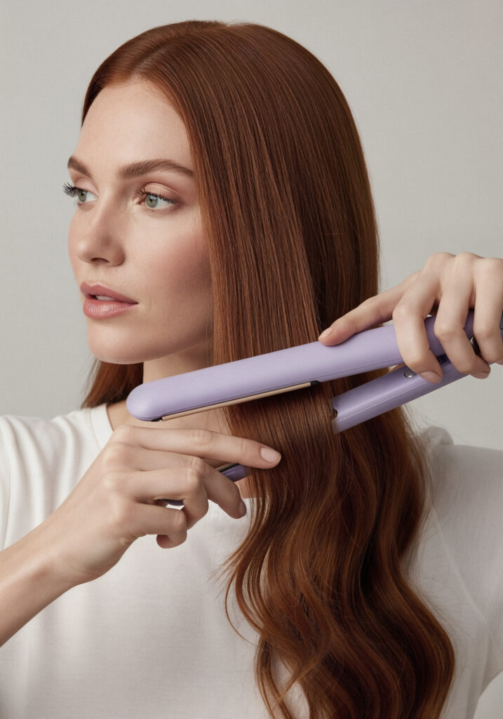Na imagem, uma mulher usando chapinha, para modelar seus cabelos.